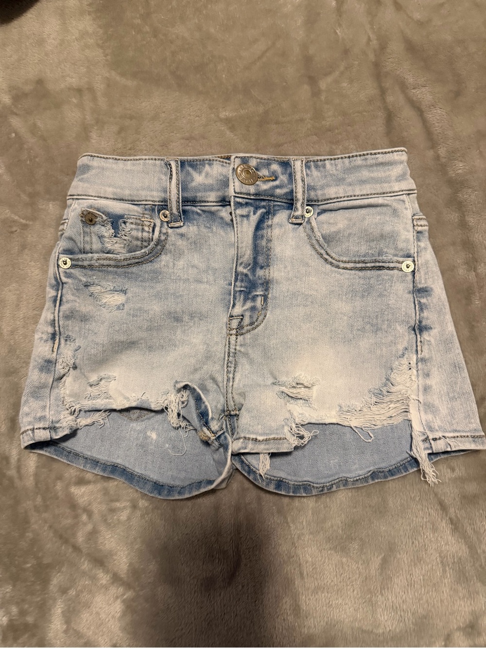 American Eagle Outfitters Hi-Rise Shortie Light Blue Distressed Denim Shorts